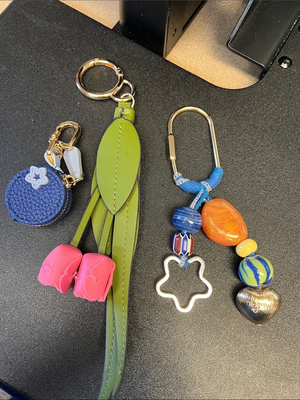 Leather Tassel Keychain with Pink Rose Charms and Green Strap bag charms